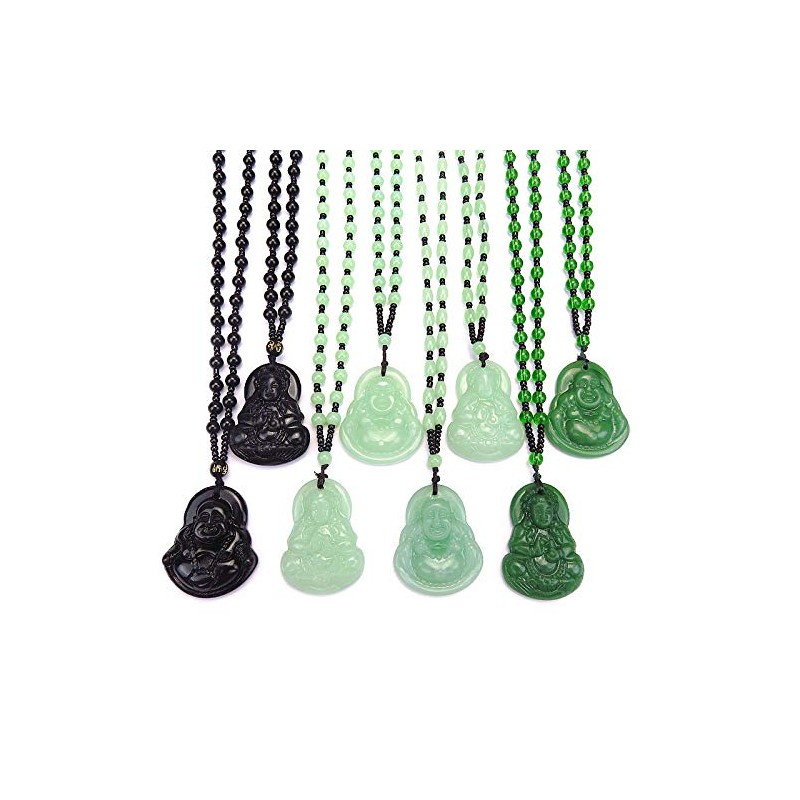 Yocoyee Obsidian Stone Buddha Beads Chain Necklace Imitate Jade Buddhism