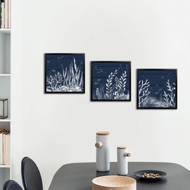 HOMEOART Navy Blue Coastal Wall Art Ocean Coral Decor Picture Funny Bathroom Wall Decor, Set of 3, Black Frame 12x12 inch