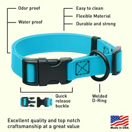 Dogline Biothane Waterproof Dog Collar with Quick Release Buckle Strong Coated Nylon Webbing with Odor- Proof for Easy Care Easy to Clean Fits Small Medium or Large Dogs - Blue 3/4" W 12-19" L