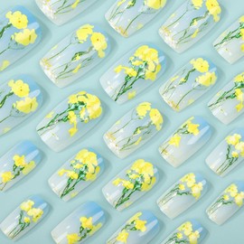 Fake Nails Medium Coffin Press on Nails Gradient with Flower Design Blue Ombre False Nails Full Cover Acrylic Artificial Nails Glossy Glue on Nails Rape Flowers Stick on Nails for Women 24PCS