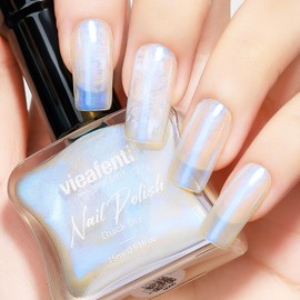 vieafenti Pearl Nail Polish Iridescent Blue 15ml, Quick Drying Nail Polish Shimmer Glitter Regular Long-Lasting Air Dry Oil-Base Mermaid Nail Art DIY for Ladies