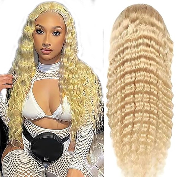 Hxxcoup 4 x 1 Lace Wig Human Hair Wig Deep Wave Blonde Wig 613 Real Hair Wig Women Grade 8A 150% Density Honey Blonde Colour T Part Wig Lace Front Wig Human Hair Wigs 18 Inches (46 cm)
