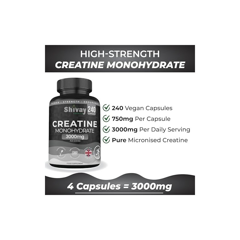Creatine Monohydrate 240 Vegan Capsules – 3000mg per Serving |