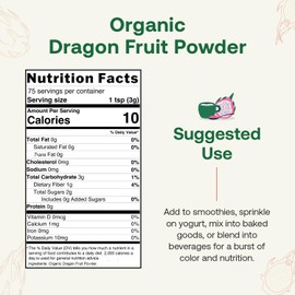 Quay Naturals Organic Dragon Fruit Powder, Pink, 4oz, Freeze-Dried, Non-GMO, No Additives, Pure Natural Powder for Smoothies & Baking