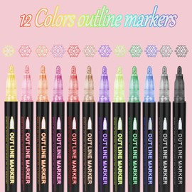 OLINGYOU Outline Markers, 12 Colors Shimmer Markers Set, Self Outline Metallic Outline Marker Pen Set for Art, Drawing, Doodling, Card Making, Greeting Cards, DIY Crafts