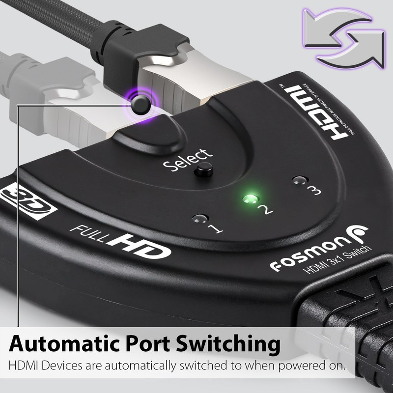 Fosmon Interruptor con cable espiralado Fosmon HD1831 de 3 puertos