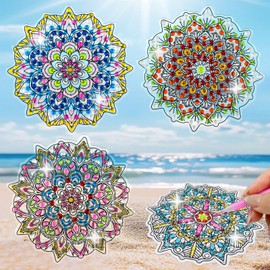 LINGFANG 4 Pcs Diamond Art Stained Glass Window Clings with Diamond DIY Pen Tools, Diamond Painting Window Stickers for Suncatchers, Diamond Art Kits for Adults, Diamond Art Accessories (Mandala 4)