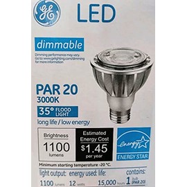 GE 38130 LED PAR20 Flood Light, 1100 Lumens, 3000K, 35 Degree Beam Angle, Dimmable, 12 watts, 15000 Hours, Energy Star