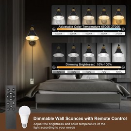 TRLIFE Dimmable Wall Sconce with Remote Control, Plug in Wall Sconces Dimming 10%-100% and Adjustable Color Temperature 2700K-6000K, Swing Arm Wall Lights with Plug in Cord, UL Listed(2 Pack, 2 Bulbs)