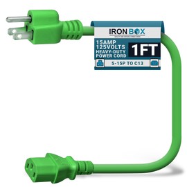 IronBox Electric - Heavy-Duty 5-15P to C13 Power Cord - 3 Prong 15A 125V 14/3 SJT PC Power Cable - Power Cord for Computer, Monitor, Subwoofer, Amplifier - Cable for Power Supply - (Green 1 Foot)