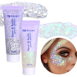 MEICOLY White Body Glitter,Silver Face Glitter Gel,Mermaid Sequins Liquid Self-Adhesive Glitter Gel,Chunky Glitter Eye Lip Hair Nail Festival Rave Accessories,Sparkling Body Glitter Gel for Women,100g