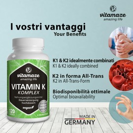 Vitamaze® Vitamin K Complex 2200 mcg with Vitamin K2 MK7 + MK4 y Vitamin K1 Menaquinone at High Dosage and Vegan, 120 Capsules, Optimal Bioavailability, without Additives. German quality
