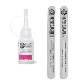 Beauty Secrets Quick Dry Nail Glue .5 Fl Oz Bundled with Zebra Cushion Nail File Medium Coarse 180/100 Grit (2 Pack) by Beauty Secrets