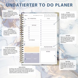 Biroyal Daily Planner Undated, Notebook with To Do List, Task List, Diary Spiral Pad, 120 Pages, 148 x 210 mm, Notepads, Hard Cover, Daily Planning Notebook for Office, School Organiser, Marble