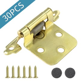 Jiozermi 15 Pair (30 Pack) Cabinet Hinges, 1/2 Inch Overlay Cabinet Door Hinges with Brass Gold Finish Decorative Self Closing Variable Overlay Flush Face Mount