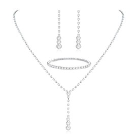 CASSIECA Silver Bridal Jewelry Set Rhinestone Necklace Bracelet Dangle Earrings for Bride Bridesmaid Teardrop Pendant Crystal Wedding Prom Jewelry Accessories for Women