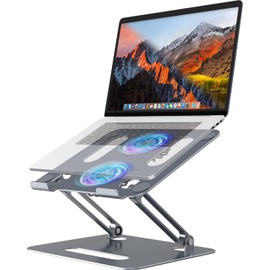 YICOSUN Adjustable Laptop Cooling Stand with 2 Quiet Fans & RGB Lighting, Aluminum Alloy & Foldable Ergonomic Design for MacBook, Lenovo, ASUS, Dell 10-16 Inch, Perfect for Gaming, DJ, Office - Gray