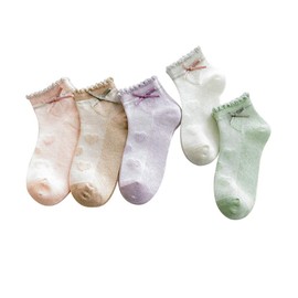 QinTian Kids' Socks, Short Socks, Children's Socks, For Girls and Boys, Spring and Summer Mesh, Thin, Plain, Cute, Princess, Lace, Ribbon, Border, Baby Shower, Kindergarten Commute, 5 Sets, White,