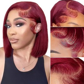 99J Burgundy Lace Front Wigs Human Hair Bob Wig Human Hair 13x4 Frontal Lace Wigs For Women, Red Bob Wig Human Hair HD Lace Front Wigs Glueless Frontal Wigs Human Hair Pre Plucked 10 Inch