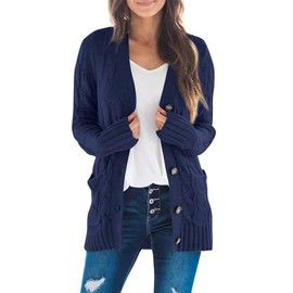 ZESICA Women's Cardigan Sweaters Fall Button Down Open Front Cable Knit Casual Trendy Winter Clothing Outerwear Navy Medium
