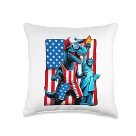 Patriotic T-Rex and Statue Fireworks, 4th July Freedom Throw Pillow