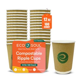 ECO SOUL 12oz Compostable Ripple Cups (100 Pack) – Biodegradable Paper Cups, Non-Toxic Disposable Cups for Hot Drinks, To-Go Coffee Cups, Eco-Friendly & Ripple Paper Cups