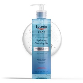 Eucerin Face Gel limpiador hidratante de limpieza suave, lavado facial diario y removedor de maquillaje con ácido hialurónico, botella de 13.5 onzas  
