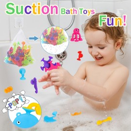 Kid Bath Suction Toys for 3 Year Olds, 50 Pcs Sensory Sucker Toys, Toddler Bathtub Toy with Dinosaur Eggshell Storage, Travel Window Stress Release Game, Children Gifts for Boys Girls Age 4-8