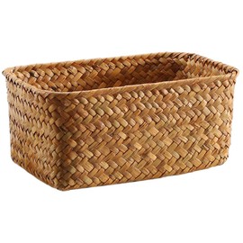 Sosoport Hand Woven Seagrass Storage Basket Desktop Sundry Organizer for Office Study and Bedroom Lightweight and Portable for Stationery Large Orange