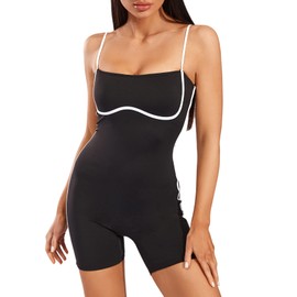 Move With You Women's Yoga One Piece Spaghetti Strap Tummy Control Romper Padded Bra Jumpsuit Workout Catsuit(Black,M2)