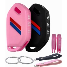 REPROTECTING Silicone Rubber Key Fob Cover Compatible with 2025 2024 2023 Kia Telluride (Black/Pink, 5 Buttons)