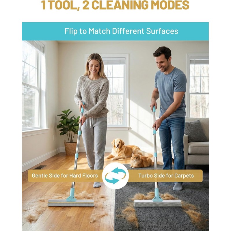 DELOMO 54” Carpet Rake for Pet Hair Removal, Dual-Sided Rug