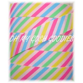 Unbranded 7/8 EASTER BRIGHT PASTEL MULTI DIAGONAL STRIPE GROSGRAIN RIBBON PINK