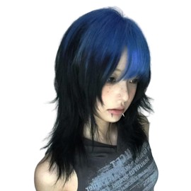 TTYAO REII Wig, Wolf Cut, Medium, Gradient Color, Full Wig, Wig, Straight, Bangs, Natural, Harajuku, Fashion, Women's, Small Face, Popular, Heat Resistant, Net (Blue, Black)