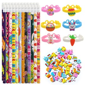 SANLIUSANJIU Pack of 24 Easter Pencils + 50 Pieces Eraser Easter + 6 Easter Cartoon Bracelets, HB Pens Set, Pencils Children's Pens Easter, Easter Gift Children Party Bags