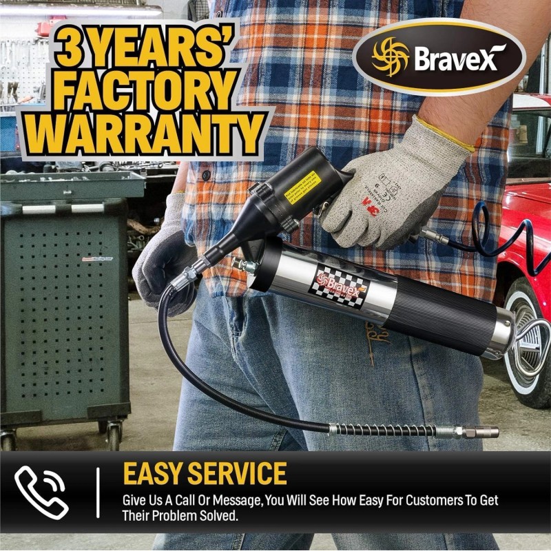 Bravex Pneumatic Grease Gun Automatic W/Quick Release Coupler Continuous Cycle