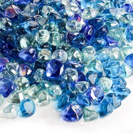 yarlung 10 Pounds Fire Glass Diamonds for Fire Pit, 1 Inch Luster Crystal Glass Rocks for Propane Fireplace, Landscaping, Vase Filler, Fish Tank, Caribbean/Cobalt Blue, Crystal Ice Luster