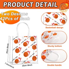 24Pcs Basketball Clear PVC Gift Bags with Handles Bulk 8 x 8 x 3In Sport Theme Goodie Treat Candy Bags Basketball Team Present Wrap Tote Bag for Boys Birthday Party Favor Baby Shower Decors Supplies