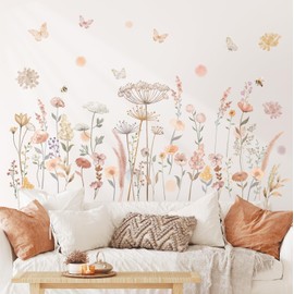 DECOWALL SG2-2421 Watercolor Boho Flowers Wall Decal Stickers Décor Home Wildflower Floral Dandelion Grass Plants Baby Nursery Girls Bedroom Kids Living Room Bee Peel and Stick Art Flower Vintage
