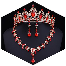 Feltent Red Tiaras and Crowns Jewelry Set for Women Tiaras Earrings and Necklace for Wedding Rhinestone Crystal Bridal Jewelry Sets for Costume Birthday Party Prom Gifts