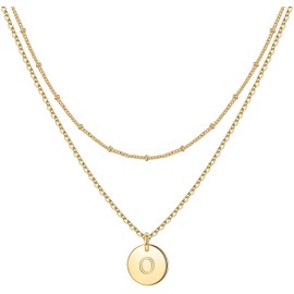 Minegreet Gold Initial Necklaces for Women,17K Gold Filled Hammered Gold Coin Necklaces for Women Initial Necklace Layered Initial Necklaces for Women Teen Girl Jewelry(O), Green,Gold