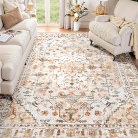 SERISSA Boho Area Rug 5x7 Peach Cream, Washable Large Rugs for Living Room, Ultra Soft Non-Slip Bedroom Rug Print Distressed Vintage Farmhouse Carpet Rug for Dining Room Dorm Office Home Decor