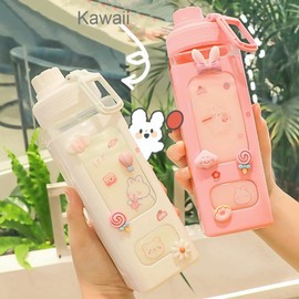 JHTPSLR Large Kawaii Water Bottle with Straw and 3D Stickers Cute Aesthetic Bottle Kawaii Milk Bottle Tea Cup Juice Shaker Portable Silicone (700ml/24oz, White)