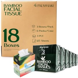 Palm Naki Bamboo Facial Tissue Box – 3-Ply Soft Tissues – 125 Sheets per Box – Case of 18 Boxes (6 Packs of 3) | Tree-Free, Eco-Friendly Tissues for Office, Home & Hospitality Use