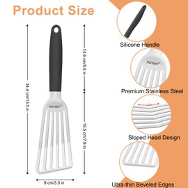 POTWIY Stainless Steel Fish Spatula, Metal Fish Turner with Silicone Handle, Kitchen Slotted Spatula for Cast Iron Skillet Cooking and Grilling, Beveled Edge and Curved Blade, 13.5 Inch