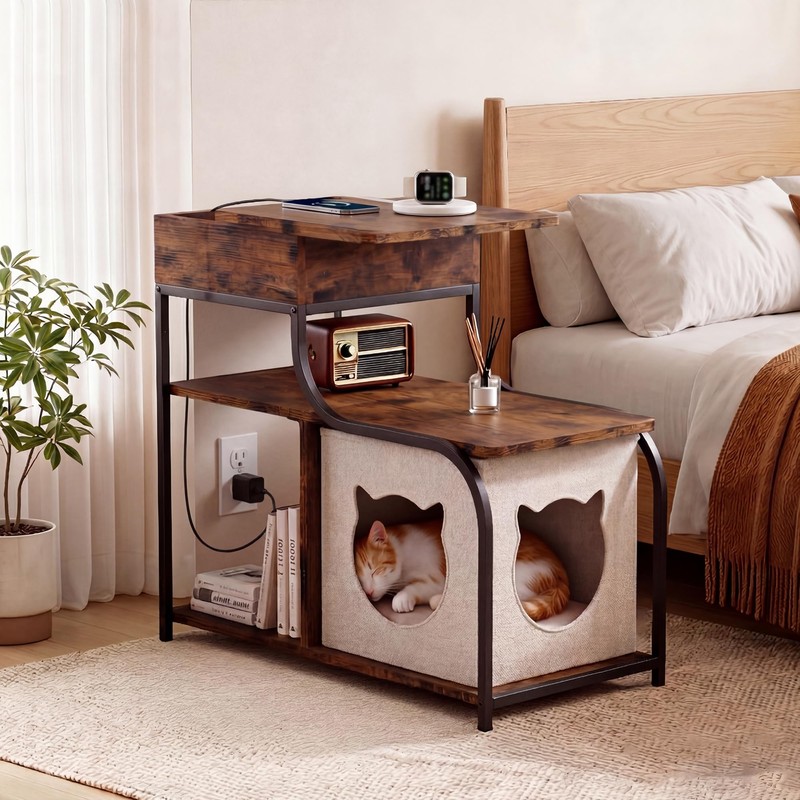 End Table with Charging Station, 3-Tier Sofa Side Table Sliding