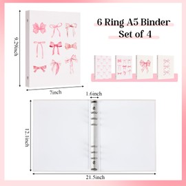 ReliThick 4 Pcs Cute Bow 3 Ring Binder, 1 Inch Round Ring with Interior Pockets, Decorative Cute Binders, Clipboard Binder, Coquette School Supplies for School Office(Mini Size,Pink)