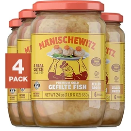 Manischewitz Premium Gold Gefilte Fish with Carrots, 24oz (4 Pack) | Kosher for Passover | No Added MSG | Protein Rich