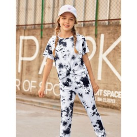Arshiner Girls Pant Sets Tie Dye 2 Piece Outfits Short Sleeve Twist Front Tops and Sweatpants with Pocket Casual Outfit 10-11 Years