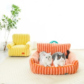 ZEZE Striped Furniture Style Sofa Cat Bed – Modern Upholstered Pet Couch for Cats & Small Dogs, Soft Cushion & Elevated Design, Stylish Pet Furniture for Home Decor (Orange, Large)